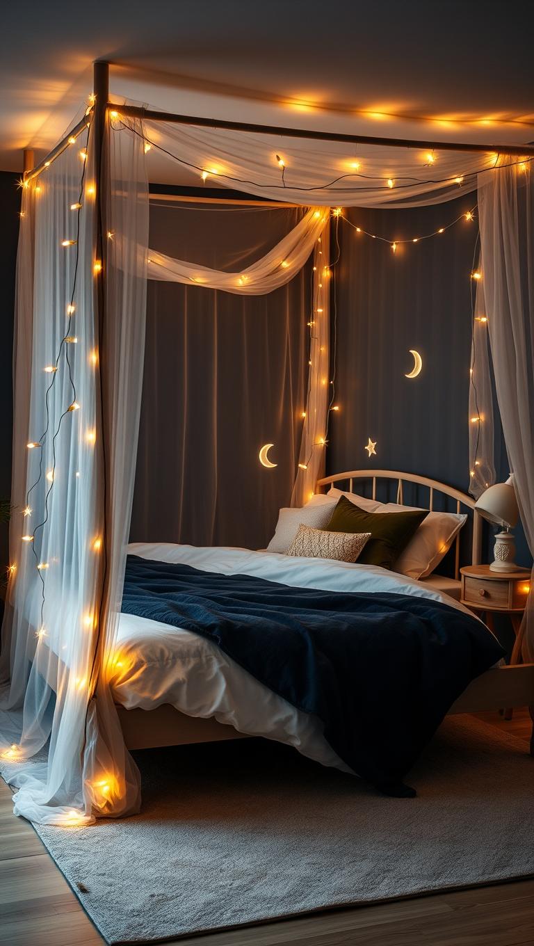 1. Celestial fairy lights around the bed canopy