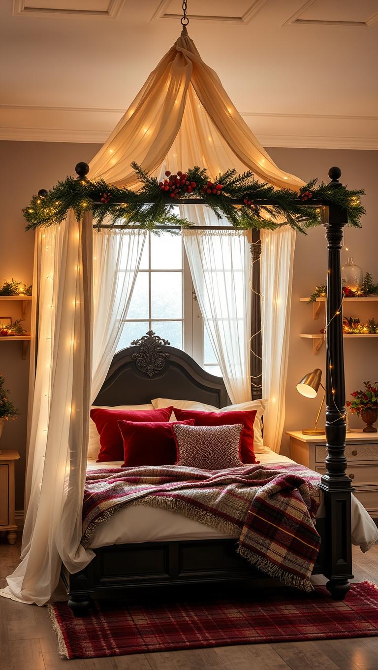 12. Bed canopy with fairy lights for dreamy drama