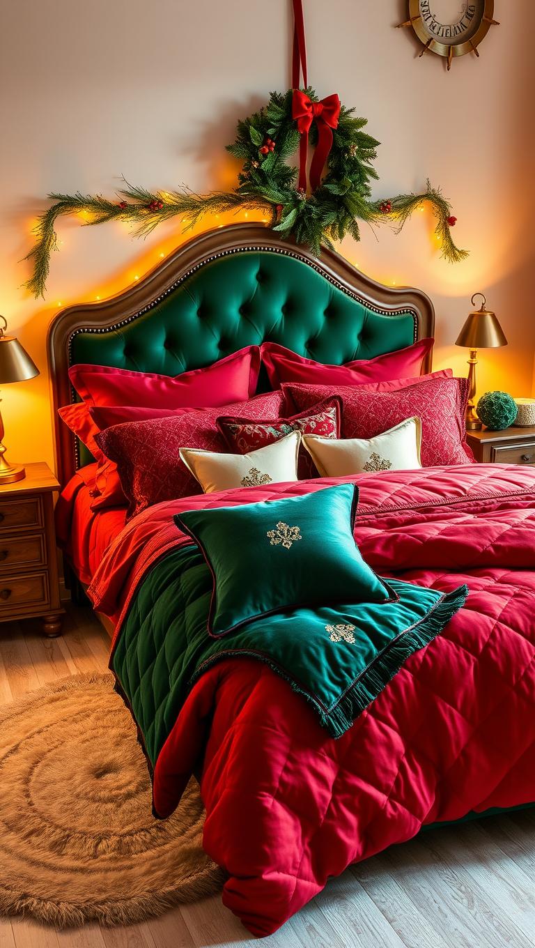 2. Festive Bedding in Rich Red and Emerald