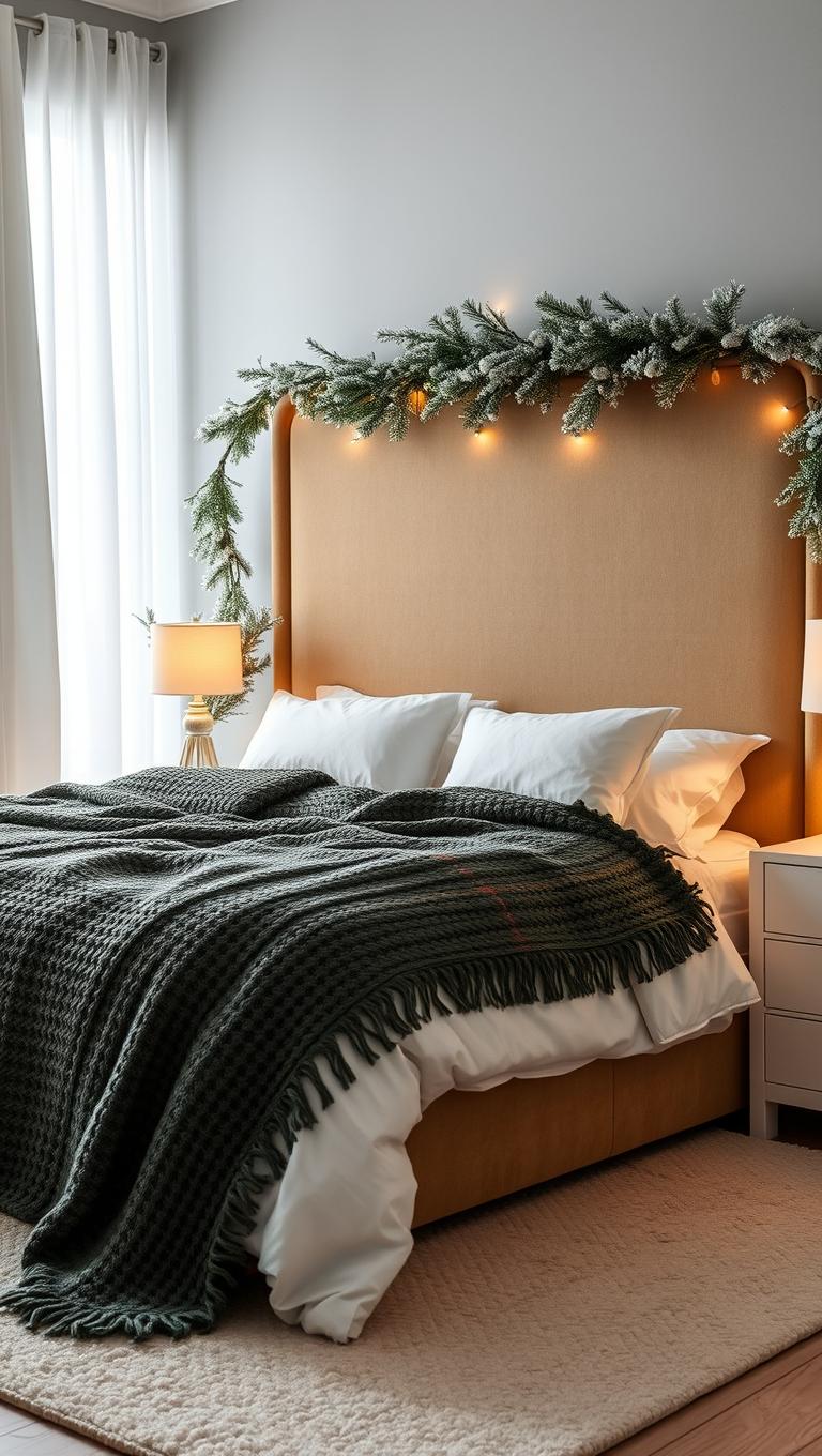 2. Frosted pine branch garland along headboard