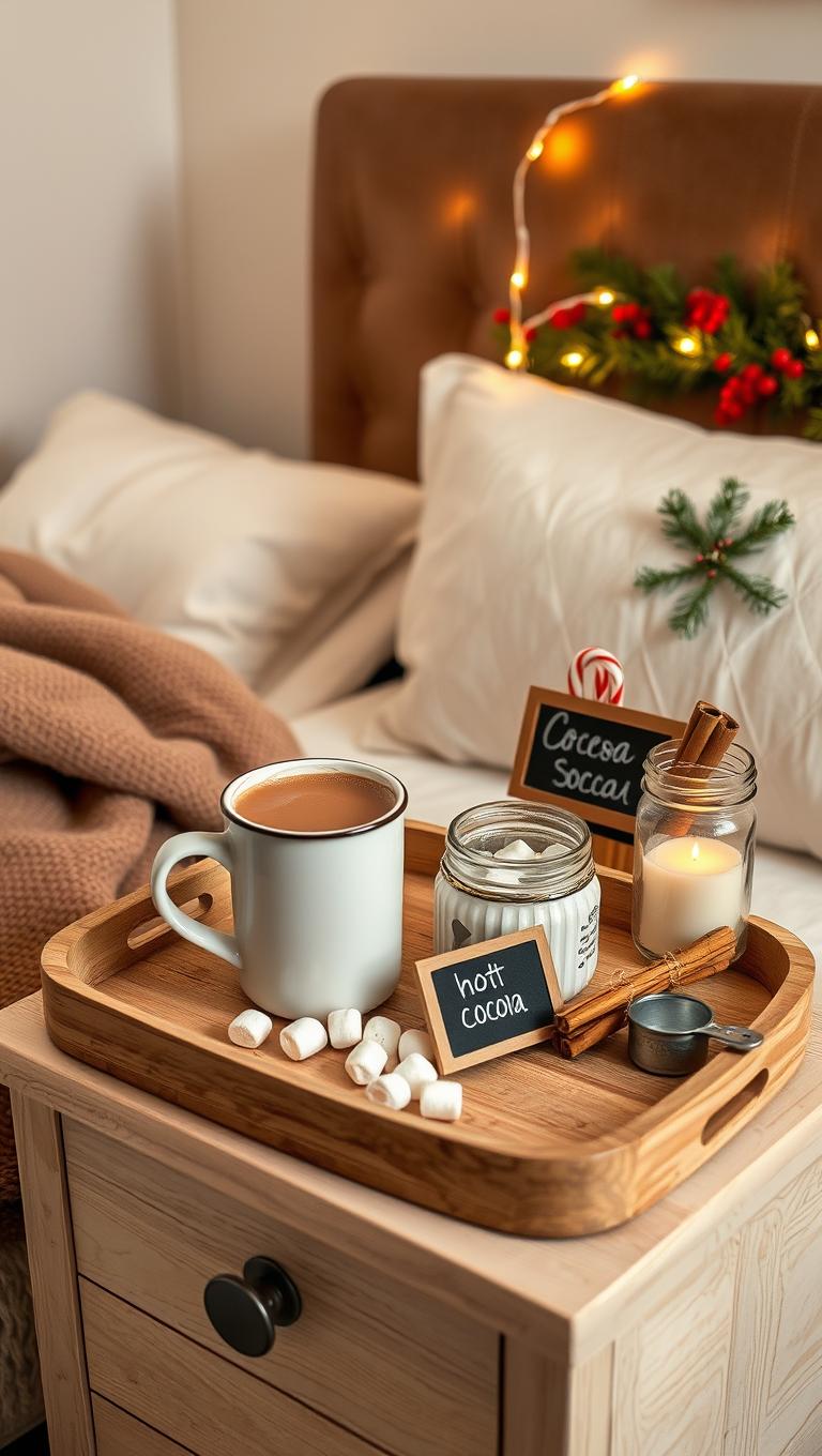 29. DIY hot cocoa bar on a nightstand