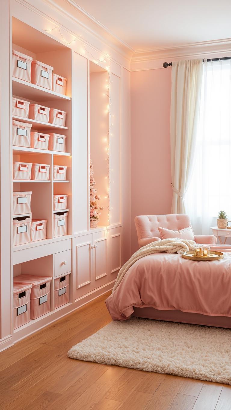 35. Built In Shelves with Pink Bins