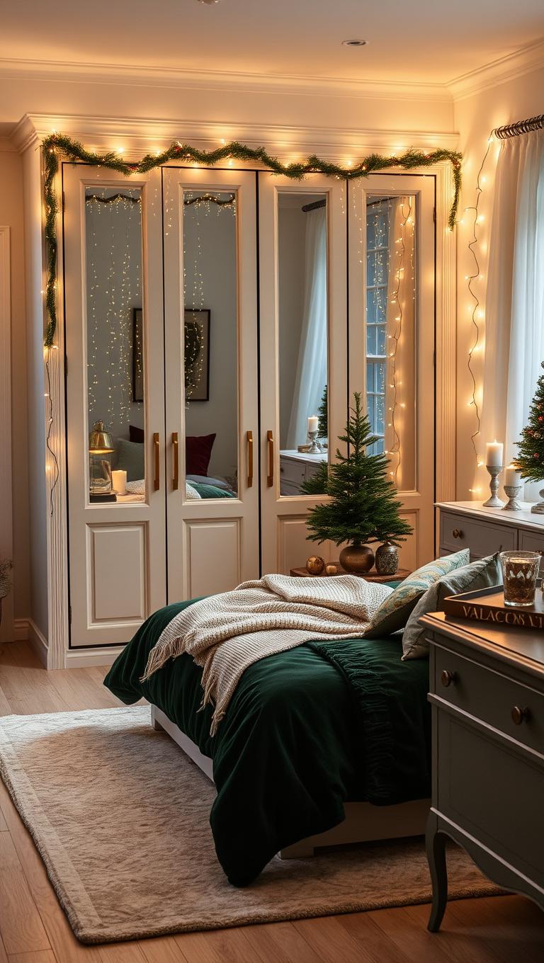37. Mirror wardrobe doors reflecting festive lights