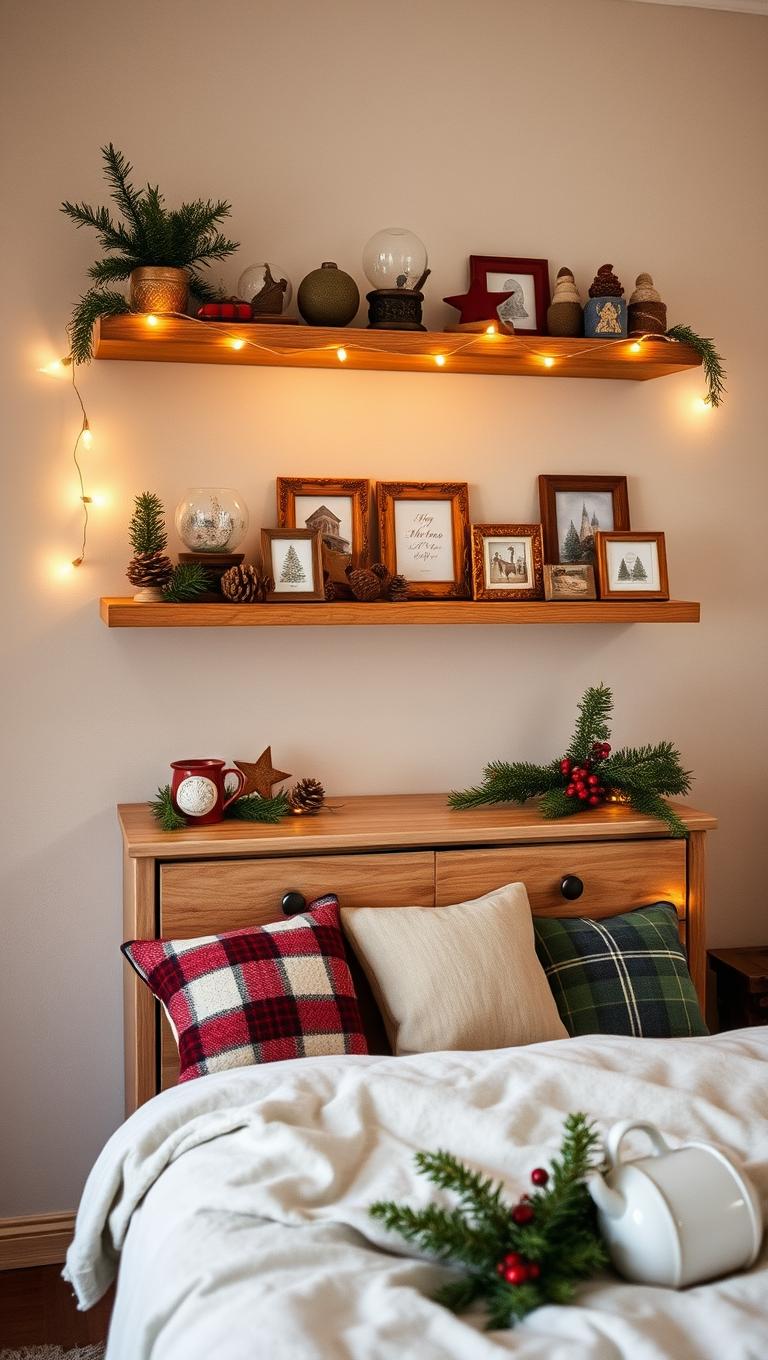 40. Curated festive keepsakes on a dedicated shelf