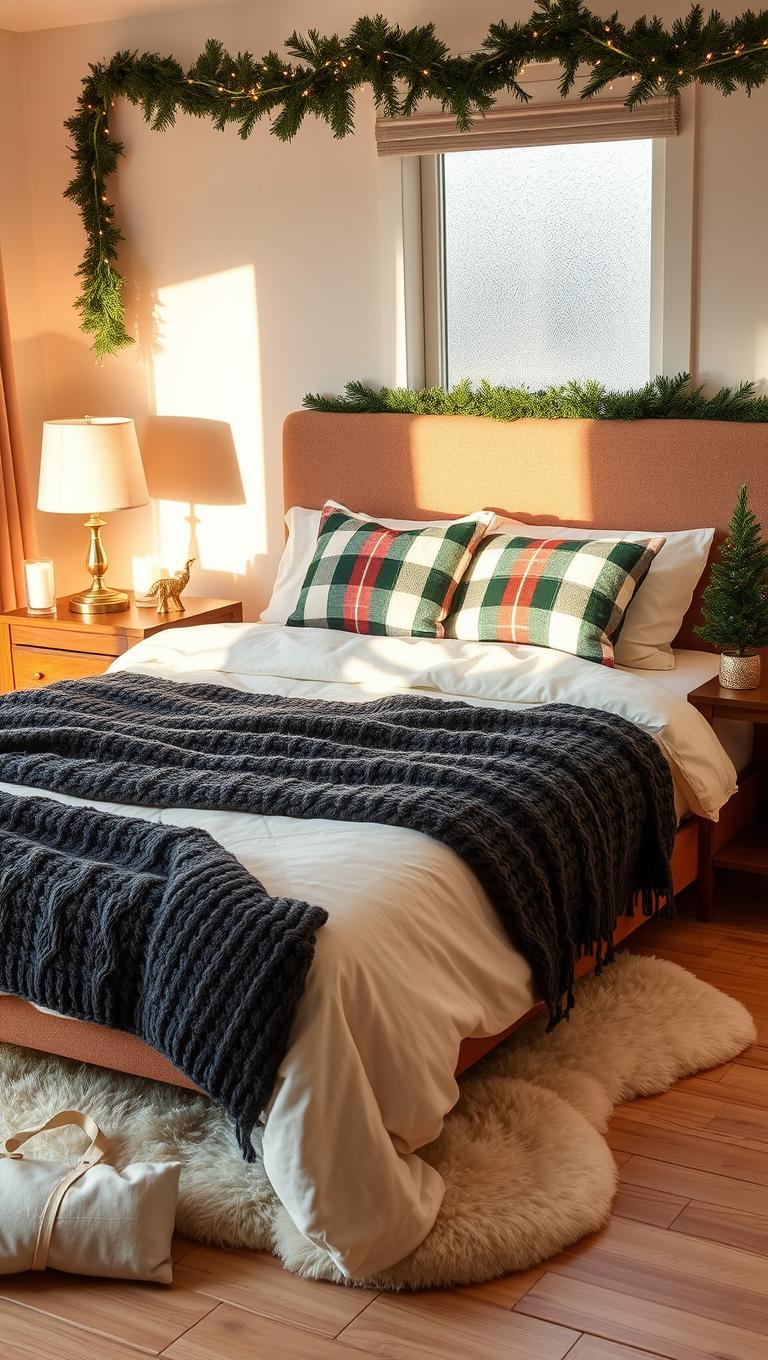 6. Plaid throw pillows with metallic accents