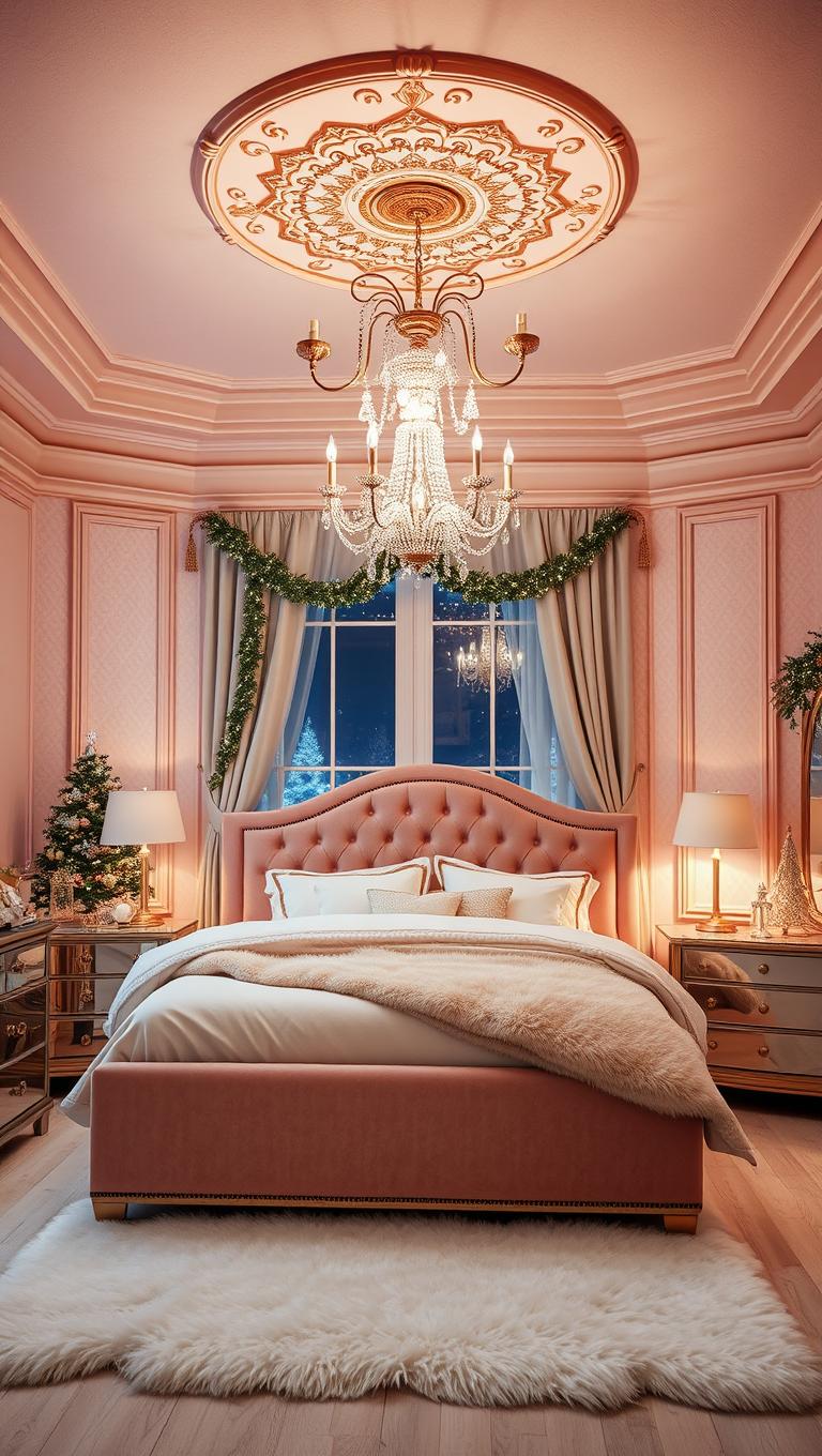 6. Rose Gold Ceiling Medallion and Fixtures