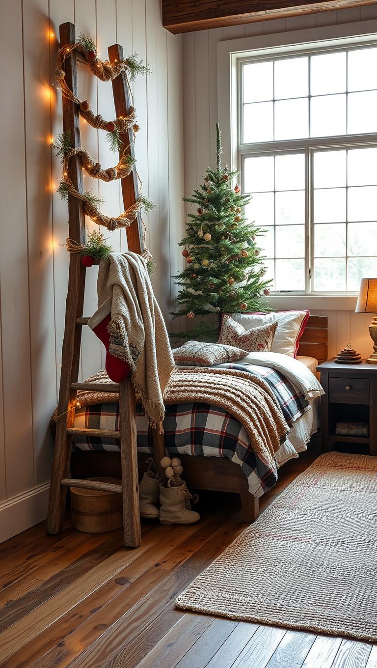 9. Rustic wooden ladder with ornaments