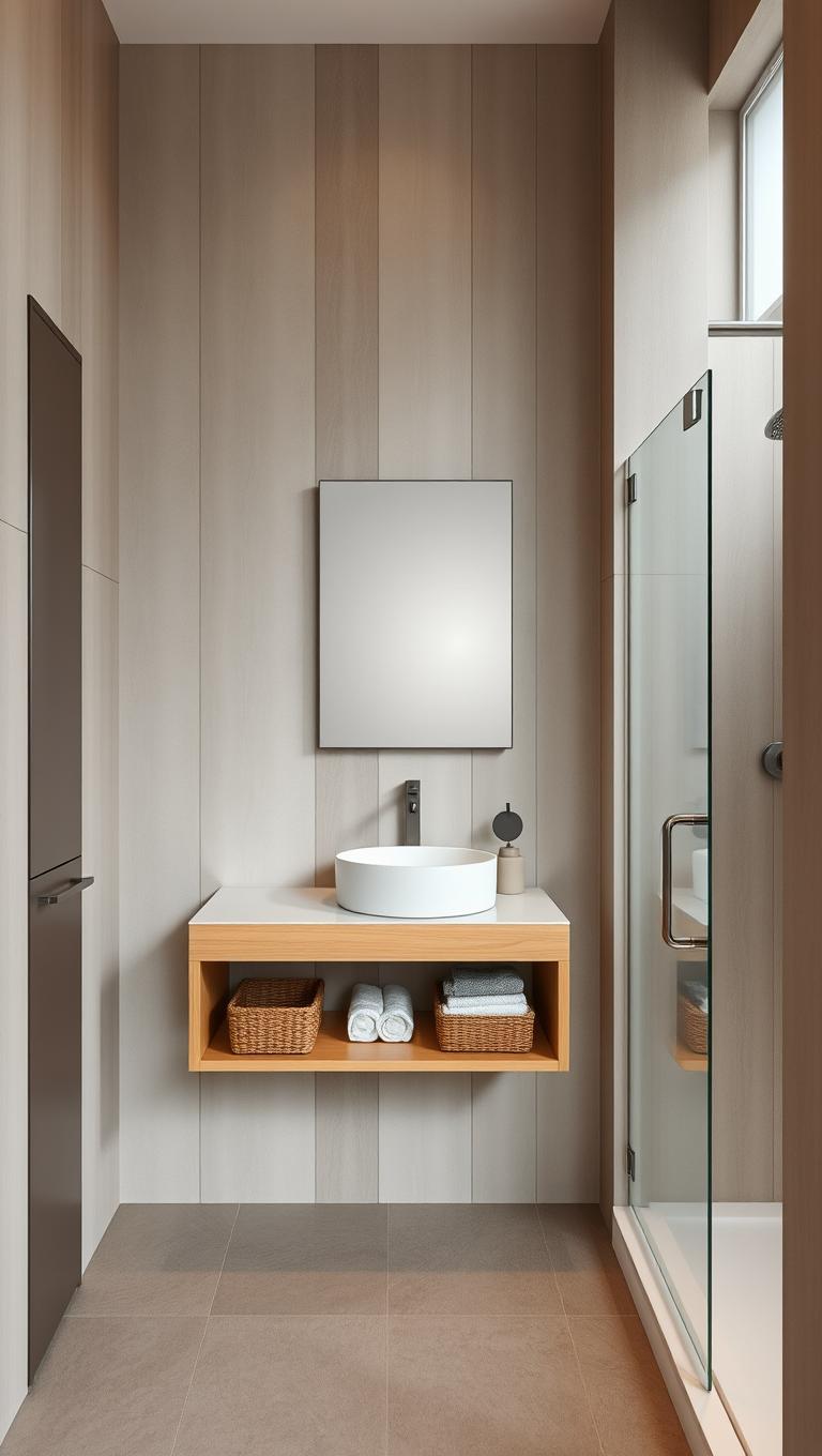 1. Wall mounted vanity with open shelf storage