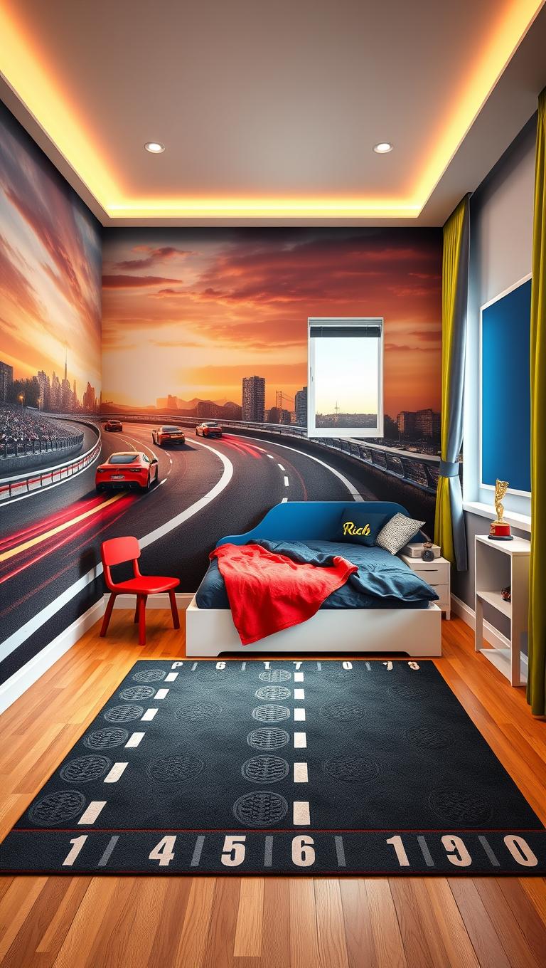 17. Car racing lane rug and mural