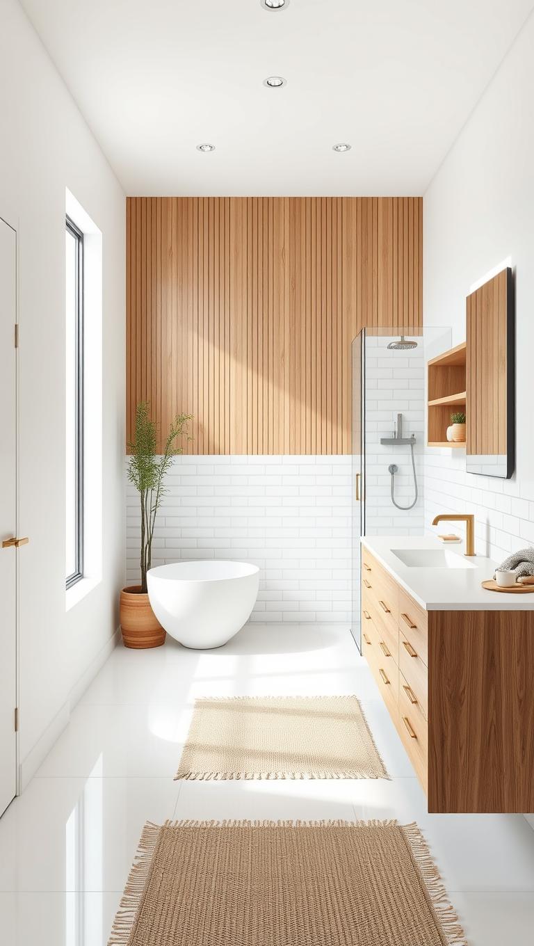 37. Large all white layout with natural wood accents