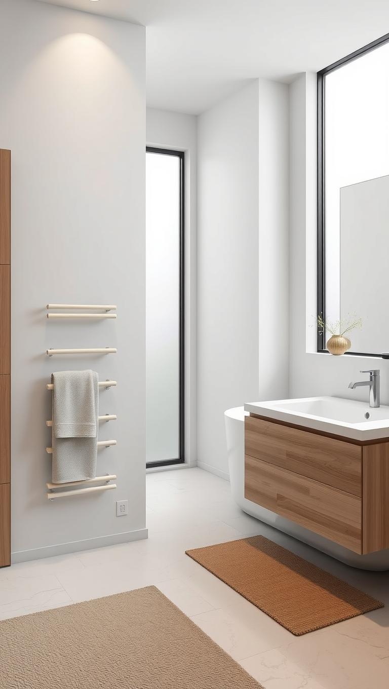 44. Minimalist radiator towel warmer as design feature