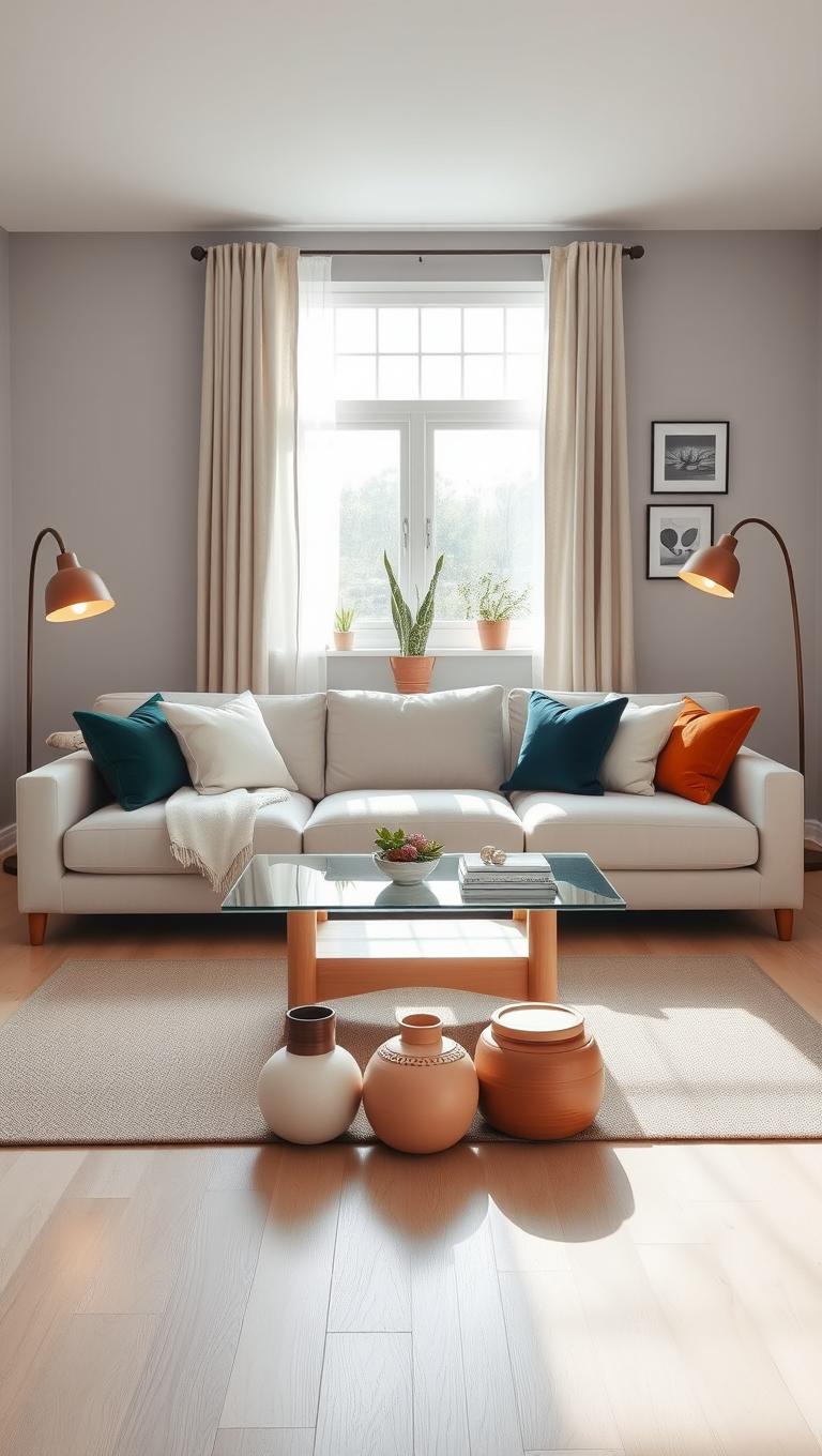 5. Neutral Sofa with Bold Accent Cushions